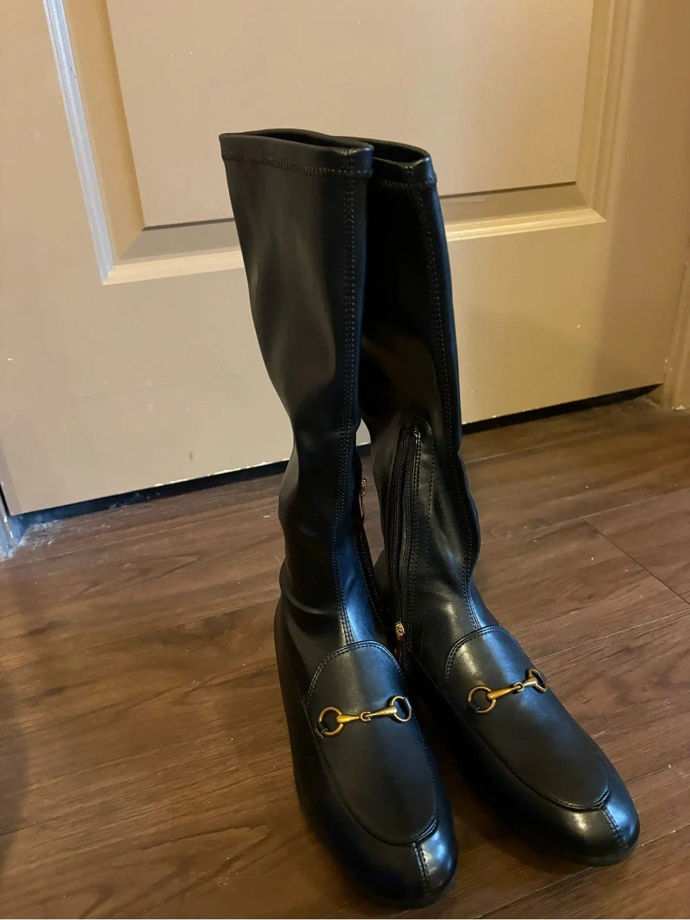 Knee High Boots for Women Almond Toe Buckle Boots Faux Leather Elastic Boot Side